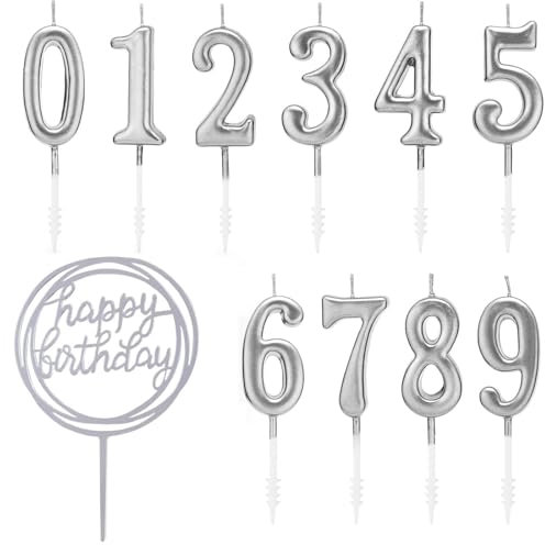 Candele di compleanno 10pcs+1 Decorazione di buon compleanno, 3D Numero Candele con numeri, Candele di compleanno per torta, Candele per torte, decorazioni per Feste (Argento-01)