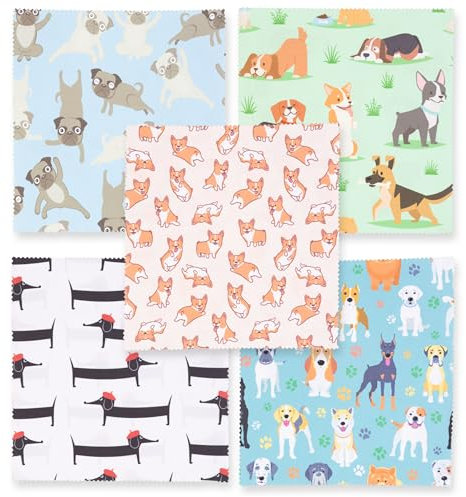 Lens-Aid Set 5 paños Microfibra diseño Perros – Limpieza Delicada de Lentes, Gafas, cámaras, Pantallas y móviles – Lavables y Reutilizables, 20×20 cm