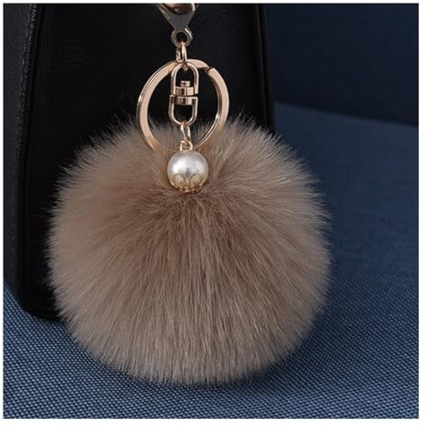 Wisafory Schlüsselanhänger Pom Pom mit Gold Perle Flauschigen Kunstfell Schlüsselbund Taschenanhänger Taschen Koffer Rucksäcke Zubehör Schlüsselring Handy Charme für Frauen Khaki