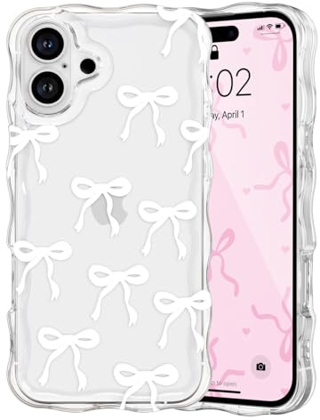 QLTYPRI Etui pour iPhone 16, Coque Transparente pour Filles et Femmes avec Nœud Ruban et Vague Bouclée, Housse Nœud Papillon Esthétique Protectrice en Silicone Souple TPU Antichocs - Blanc