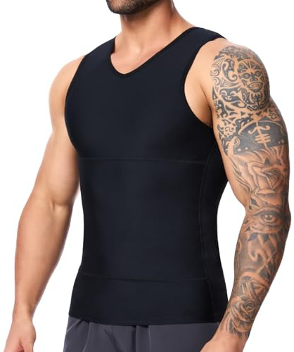 SLIMBELLE Body Shaper män ärmlös V-ringad elastisk snäv kompression skjorta magkontroll undertröja midjeformare linne formande kläder kompressionströja män, svart, XL