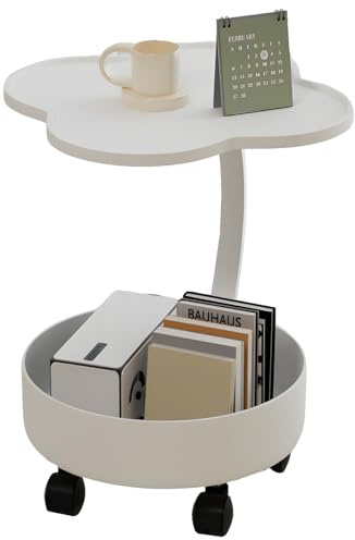 lcvtos Tavolino Doppio a Forma di C, Tavolino Laterale con Contenitore e Ruote, Tavolino a Forma di C con Vassoio, Tavolino da Caffè Piccolo, Comodino Moderno per Soggiorno e Camera da Letto (Bianco)
