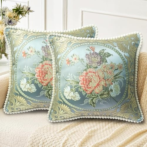 MiGuoLeyu Fundas Cojines 50x50 Juego de 2, Fundas Decorativas Jacquard Doble Cara Vintage Floral para Sofá Salón Dormitorio Transpirables y Resistentes a Arrugas Azul
