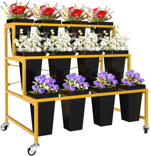 Lhysn Flower Display Stand, 3 Tier Metal Plant Stand with 12pcs Plastic Flower Buckets, Moving Heavy Duty Flower Cart Flower Rack Indoor, Outdoor Patio,Garden, Living Room,Florist (Black)