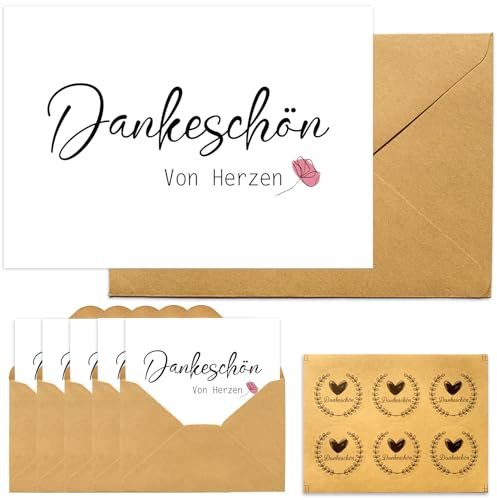 RFBEUTEL 6 Stück Dankeskarten Dankeschön Karte,Kraftpapier-Kuvert,moderne Faltkarte Aufkleber Grußkarte mit Umschläge für Lehrerin Kollegen Geburtstag Hochzeit etc.