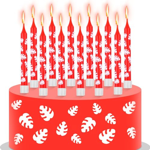 12pcs Red Hawaiian Theme Birthday Candles, with White Palm Frond Design Cartoon Theme Cake Cupcake Toppers for Boys & Girls Tropical Luau Party Favors Supplies