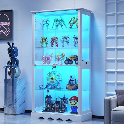 180cm Glass Display Cabinets with 3 Color Lights for Collectibles Bookcases | 5-Tier Curio Cabinet with Glass Shelf Storage Cabinet with Lockable Display Case with Human Body Sensor for Living Room,White