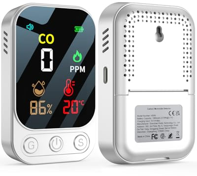 YEREADW 3-in-1 Portable Carbon Monoxide Detector, Rechargeable Carbon Monoxide Detector with Temperature Humidity Display, Portable for Home, Caravan, Camping (White)
