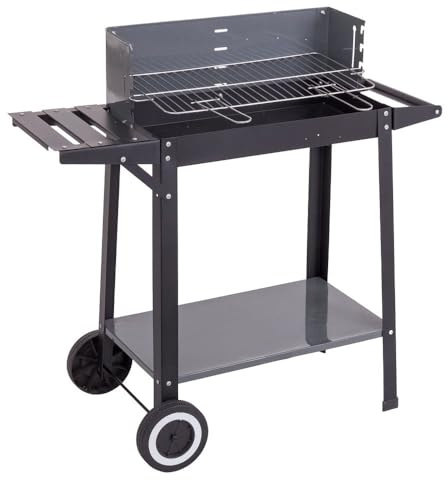 LOLAhome Barbacoa de Carbón de Acero, con Bandeja Lateral, Parrilla 48x29cm | 10 Comensales, Ruedas, Parrilla. Dimensiones 85x40x84 cm. Color Negro. Sencillo Montaje y Guardado. Barbacoa jardín exterior.