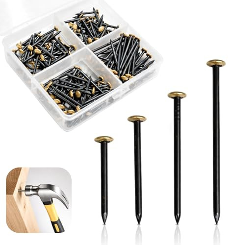 Lot de 120 Clous pour Tableau(20/25/30/40 mm), Clous à Suspendre, acier, Tête en Laiton, pour Béton, Brique, Bois, Extra Durs, pour Accrocher des Images, Sans Perçage, Doux pour Le Mur, avec Boîte