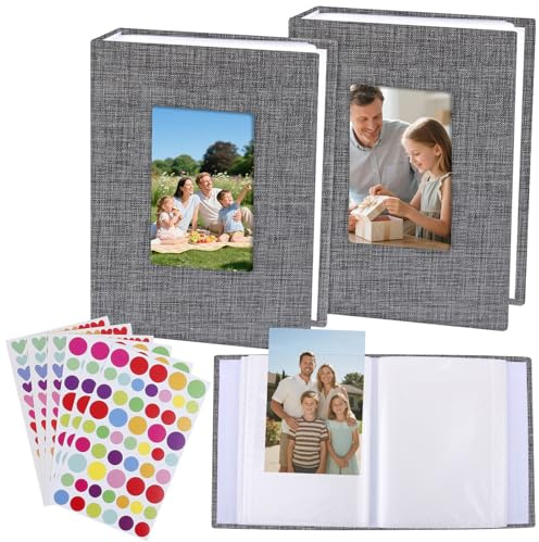 2 Stück Einsteckalbum 10x15 cm Leinen Cover Fotoalbum für 100 Fotos Zum Einstecken Mini Fotoalbum mit Fenster Photo Album für Familienfotos Ideal für Reisen Hochzeiten und Geburtstage (Grau)