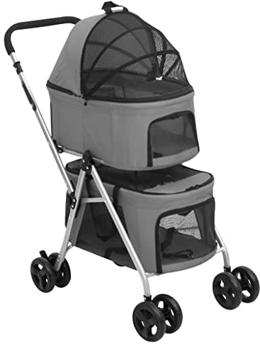 Faltbarer Hundewagen für 2 Hunde aus Oxford-Gewebe mit Sonnendach, 83x48x97 cm, grau – inklusive atmungsaktivem Netz, Staufach und Bremsen