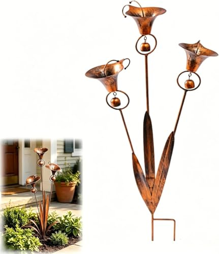Flamed Copper Tre Calla Lilies Trädgårdsstake Med Klockor | 24-tums Metal Catcher Wind Present För Trädgårdsälskare, Rustika Dekorativa Trädgårdsstakar