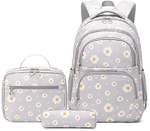 Schulrucksack Mädchen Teenager Damen Schultasche Canvas Schulranzen Set Blumen Rucksack für Mädchen Schule Freizeit mit Lunchpaket Tasche und Mäppchen (3 in 1 Grau)