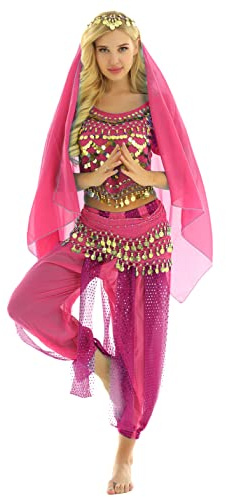 YiZYiF Femme Costume Danse Du Ventre Déguisement De Princesse Indien Cosplay Carnaval Robe Danse Latine Haut Paillette Pantalon Coiffure Ceinture Tenue Fête Rose Taille unique