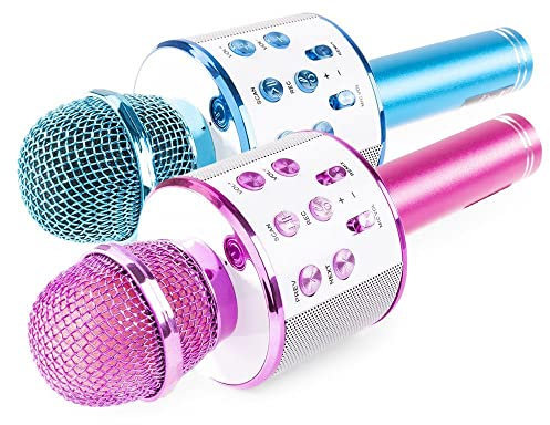 MAX KIT KM01 – 2 micros karaoké Bluetooth avec haut-parleur intégré, 1 micro rose et 1 micro bleu, USB/SD, batterie 6h, modificateur de Voix et écho, idéal pour les enfants