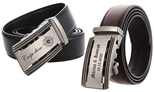 aplusashop ID Herren Gürtel Echtleder mit Gravur nach Wunsch Automatik Massive Schnalle NEU schwarz/braun bis 130cm (Braun, Mit Gravur)
