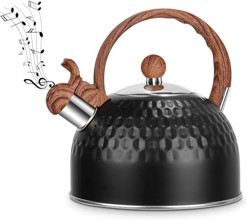 Tea Pot Stovetop, 85 OZ / 2.5 L Whistling Tea Kettle for Stove Top, Food Grade Stainless Steel Water Kettle with Wood Pattern Handle for Coffee/Tea/Milk etc, Kettle Pot Gas Electric Applicable (Black)