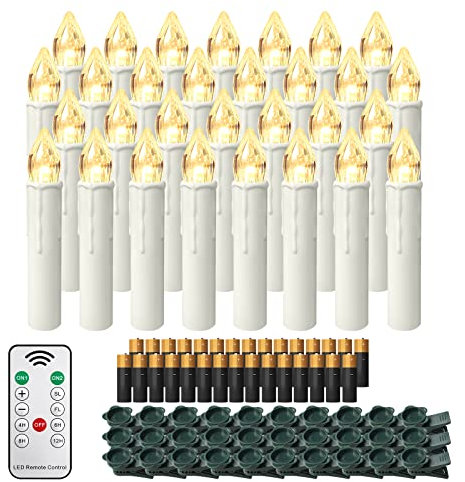 Aufun 30pcs LED Christmas Candles Wireless Warm White with Batteries, Remote Control, Timer Flickering Dimmable, LED Flameless Flickering with Clips as Decor for Xmas Tree, Party