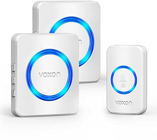 VOXON Funkklingel, 400m Reichweite Türklingel Funk Set, IP65 Aussen Wasserdicht Klingel Haustür mit 2 Empfängern, Plug-in Doorbell mit LED-Blitz, 5 Lautstärkestufen, 60 Melodien (Weiß)