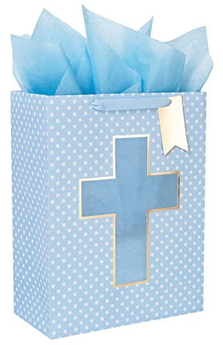 Loveinside Blaue Geschenktüte mit Kreuz-Design, Seidenpapier für Babytaufen, Taufen, Erstkommunionen, religiöse Anlässe – 25,4 x 12,7 x 33 cm, 1 Stück