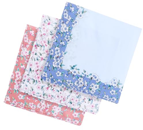 Giantree 3 Pcs Ladies' Vintage Floral Handkerchiefs - Women's Embroidery Cotton Pocket Square Towels for Wedding Party