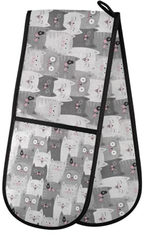Double Oven Gloves Heat Resistant Cute Cat Kitten Double Oven Mitts Pot Holder Heat Protection Oven Gloves for Home Kitchen Baking Cooking BBQ Microwave