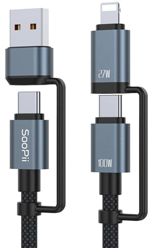 SOOPII 100 W 4 fot multi USB C-laddningskabel, 4-i-1 C/A till C/IP snabbladdarkabel, PD 5A nylonflätad flera laddningskabel för telefoner, surfplattor, bärbara datorer och mer (svart)