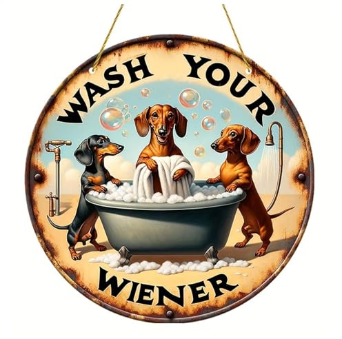 Dachshund Welcome Door Sign - Dachshund Adult Funny Sign | Dogs In Bathtub Decor | Wooden Wash Your Wiener Puppy Wall Ornament | Dachshunds Doors Hanger for Holiday Front Door and Home Decor