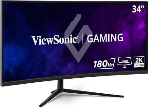 ViewSonic VX3418C-2K UWQHD Gaming Monitor 34 inch Curved, VA Panel, 180Hz, 1ms, 2560p x 1440p, 1500R, HDR10, FreeSync Premium, Frameless, HDMI, DisplayPort