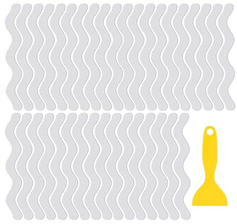 RUILILANG 36Pcs Bath Stickers, Non-Slip Bath Strip Stickers, Transparent Self-Adhesive Wa-ve Shower Sticker, Anti Slip Grip Sticker with Scraper for BathTub, Stairs, Shower Room, Slippery Surfaces