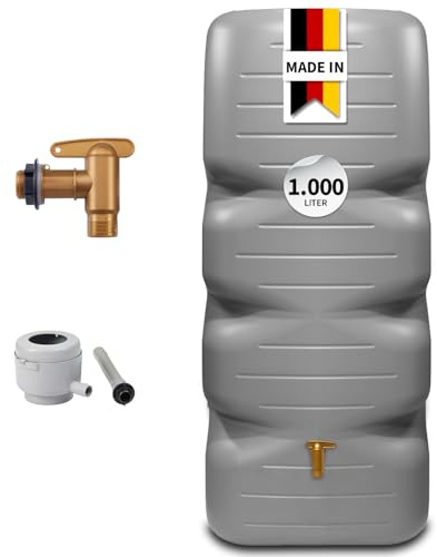 CUBUS Regentonne Komplett-Set 1000 L, betongrau Regenfass/Wassertank | für Garten Frostsichere Regenwassertonne in Betonoptik Robustes Wasserfass zur Regenwassersammlung