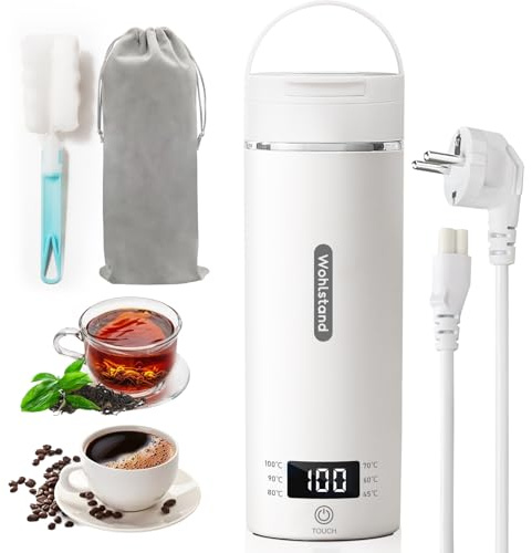 Reisewasserkocher Tragbar 500ml - Elektro-Thermobecher aus 304 Edelstahl (Weiß) - 300W Schnellaufheizen in 6 Min - 6-Temperaturstufen & 24h Haltefunktion - Trockenkochenschutz & Auslaufschutz