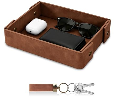 SITHON Valet Tray for Men, Premium PU Leather Catchall Tray Nightstand Organizer for Keys, Wallet, Watch, Phone, Great Christmas Birthday Graduation Father’s Day Gift for Him (Brown)