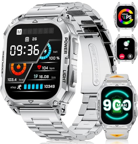 Reloj Inteligente Hombre Militar con LED Linterna/Llamadas, 2.01HD Smartwatch Hombre con 900mAh Batería/110+ Modos Deportivos IP68 Impermeable, Monitor Sueño/Pulsómetro para Android iOS Plata