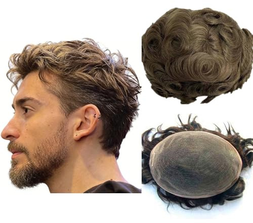 N.L.W. Human hair HD thin French Lace Toupee for Men hair replacement system for men European Hair Pieces with 10x8 patch prosthesis for man #4 Light Brown