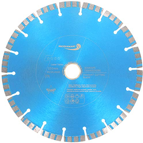 PRODIAMANT Laser Diamanttrennscheibe 250mm x 30 mit Ring 25,4mm Beton Stahlbeton Stein und Ziegel Diamant Turbo-Segmente lasergeschweißt