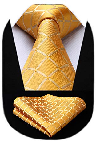 HISDERN Herren Krawatte Gelb Formelle Klassische Karierte Krawatten mit Einstecktuch Hochzeit Herrenkrawatte und Taschentuch Set für Männer