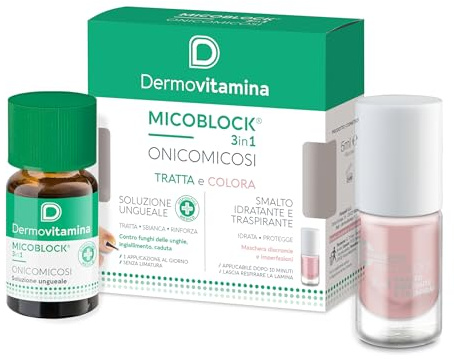 Dermovitamina Micoblock 3in1 Onicomicosi - Soluzione Ungueale Micosi + Smalto Curativo Nude - Tratta e Colora - Smalto Rinforzante Unghie Fragili - Antimicotico Unghie e Piedi - Gel 7 ml + 5 ml