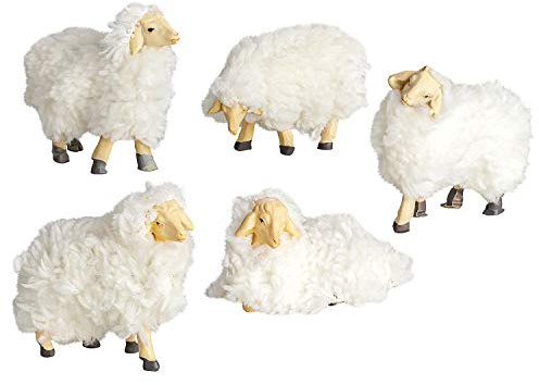 Fem ullfår [skala 7 cm, fluffig päls] – söta krubbdjur och krubbfigurer som tillbehör för julkrubbor och miniatyrkrubblandskap