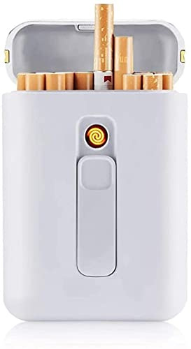 ZKHD Portasigarette con Scatola per Sigarette Accendino Accendini Ricaricabili USB 2 in 1 Accendino Elettrico Antivento Senza Fiamma Ricaricabile,White