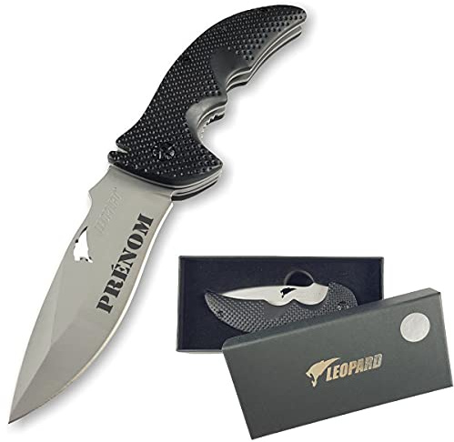 Gravure Events - Couteau Pliant Personnalisé Prénom Gravé LEOPARD - Cadeau pour Homme - Anniversaire, Fête des Pères, Noël, Pêcheur