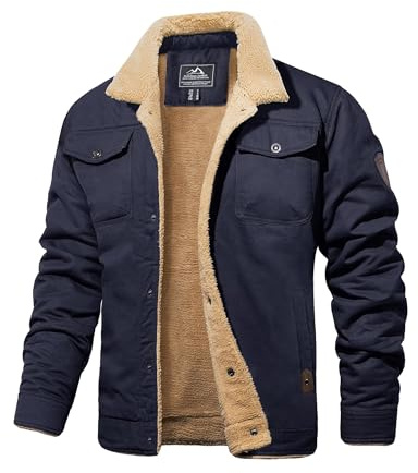 MAGCOMSEN Veste d'hiver en polaire pour homme - Veste d'aviateur militaire - Coupe-vent - Col montant - Veste doublée chaude avec 5 poches, bleu foncé, S