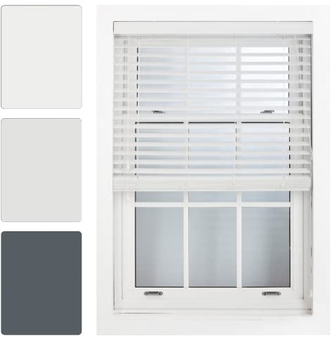 FURNISHED White Faux Wood Venetian Blinds 50mm Easy Fit Trimmable Child Safe Home Office Window Blinds, 115cm x 150cm