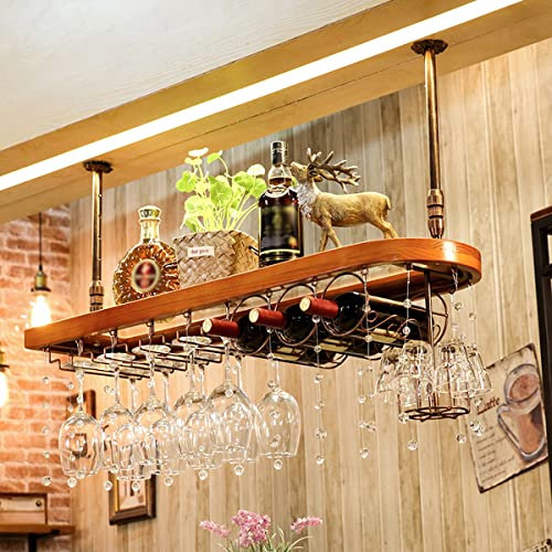 ZXFDM Rustic Wood Floating Shelves,Stemware Rack Hanging Glass Racks,Stemware Holder Wine Glass Rack,Simple Style Wood Hanging Wine Glass Rack Ceiling Decoration Shelf,Brass,80x28cm