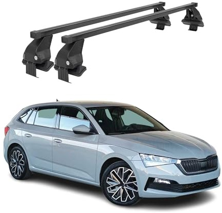 OMAC Menabo Dachträger für Skoda Scala 2019-2026 Stahl Schwarz | DIN 75302:2019 & ISO/PAS 11154:2006 geprüft, Abschließbar, City-Crash-getestet, bis 50 kg Traglast, Querträger, Grundträger