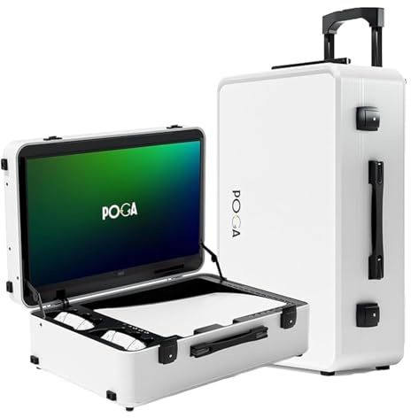 POGA LUX White - Maletín de juego (compatible con PlayStation 5), Consola portátil con maleta de viaje, monitor gaming AOC de 24'' y carrito - Blanco (V2 - Altavoz Bluetooth opcional), blanco