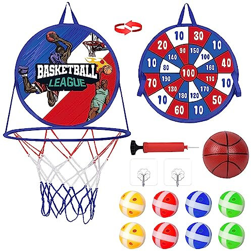 Canestro Basket con Bersaglio Freccette Set per Bambini,2 in 1 Giochi Freccette e Mini Giocattolo da Basket, Giochi Sportivo Pieghevole per Interni ed Esterni per Bambini Ragazzi Ragazze Regalo