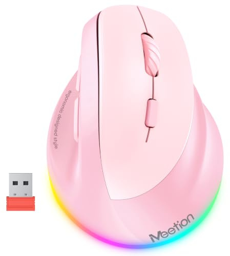 MEETION Ergonomic Mouse, Wireless Vertical Mouse RGB Backlit Rechargeable Mice for Bluetooth(5.2 + 3.0) USB-A with Type-c Adapter 4 Adjustable DPI Compatible Mac/Windows/Andriod/PC/Tablet/iPad Pink