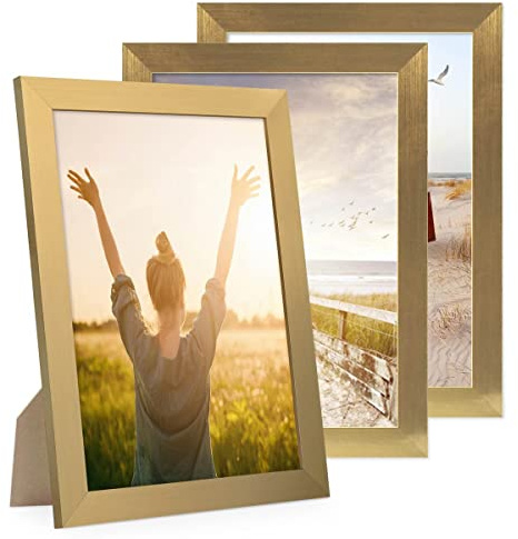 PHOTOLINI Bilderrahmen A4 Holz MDF Gold, breiter DIN A4 Bilderrahmen 3er Set 21x30 gold, Rahmen 21x30 din a 4 mit Acrylglas, picture frame zum Aufhängen & Aufstellen, Bilder Rahmen 30x21 mit Zubehör